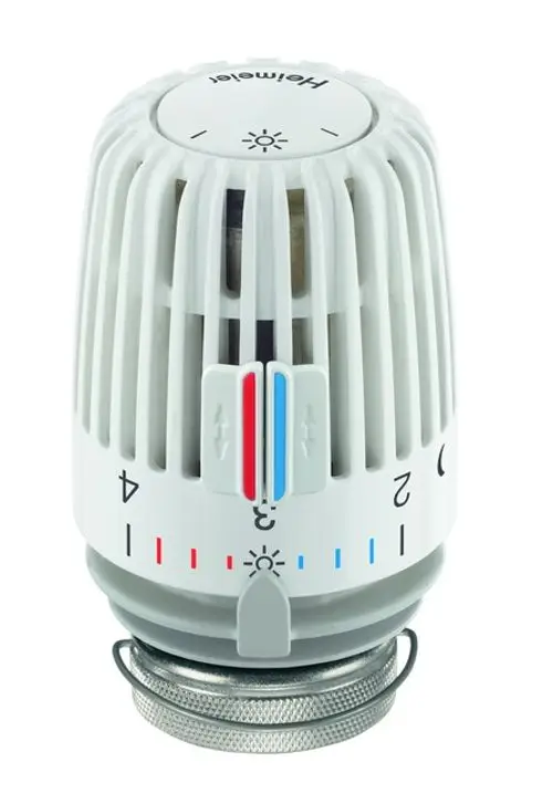 Thermostatkopf von IMI Hydronic Engineering in Weiß mit Skala und Einstellmechanismus, geeignet für Heizkörper. Rot und blau markierte Temperaturanzeige.